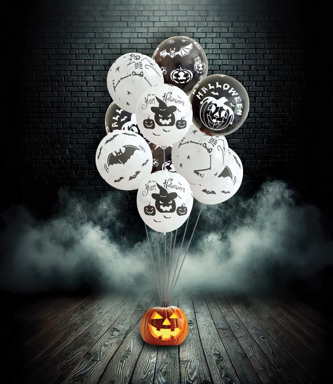 LOT DE 10 BALLONS "HALLOWEEN" BLANC/NOIR