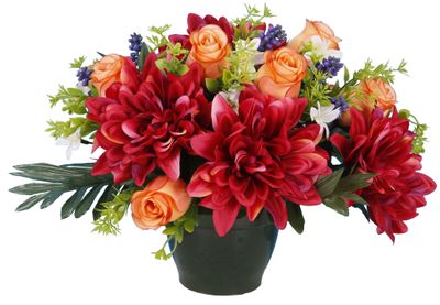 POT BOUTON DE ROSE ET DAHLIA OU POT BOUTON DE ROSE ET PIVOINE