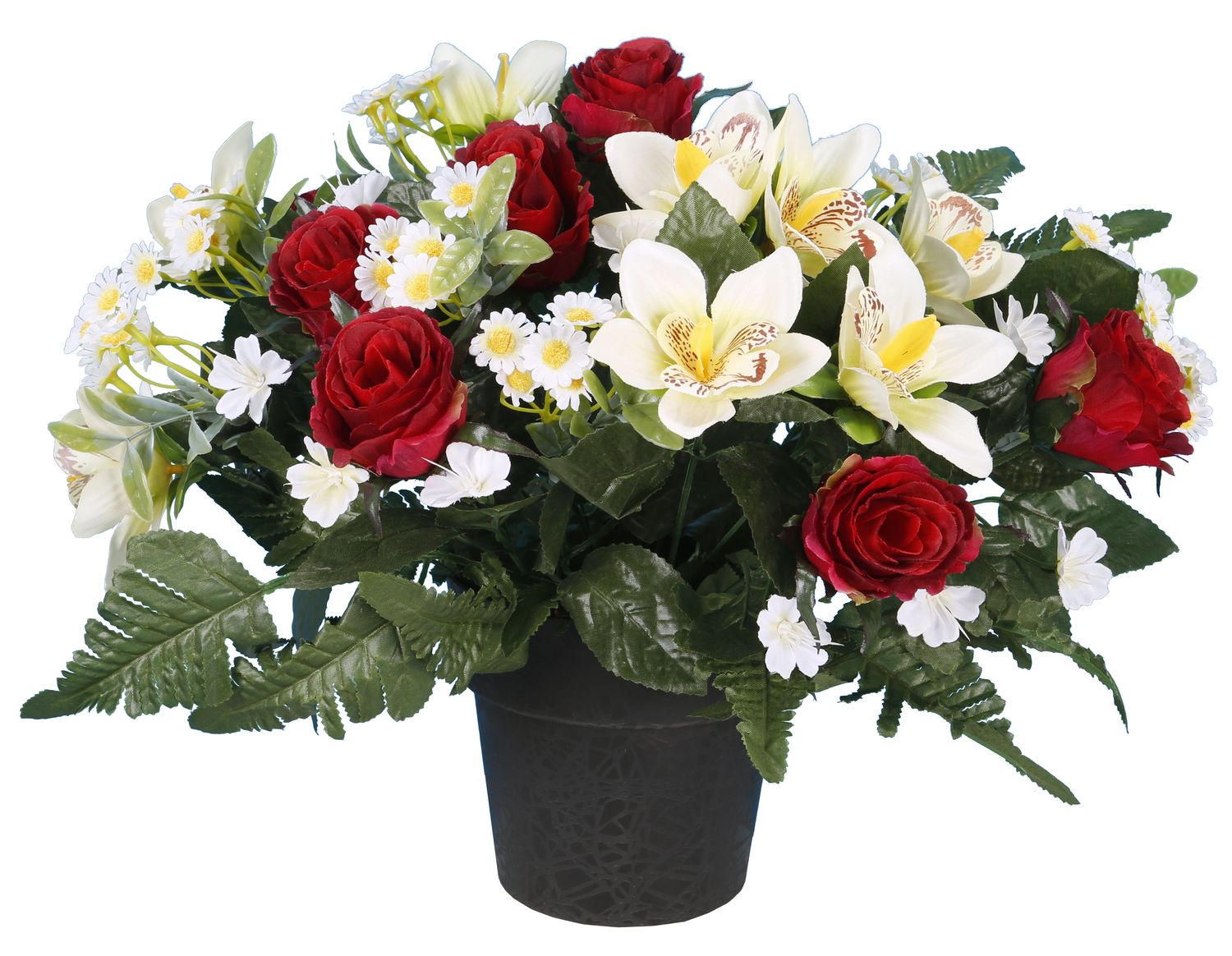 POT BOUTON DE ROSE, GERBERA  ET MINI ORCHIDÉE