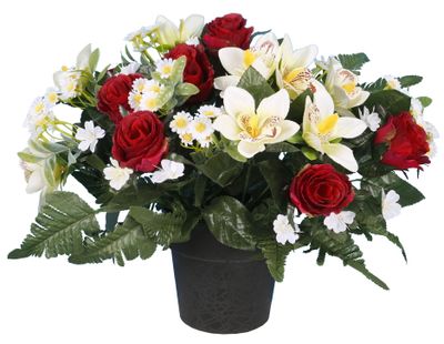 POT BOUTON DE ROSE, GERBERA  ET MINI ORCHIDÉE