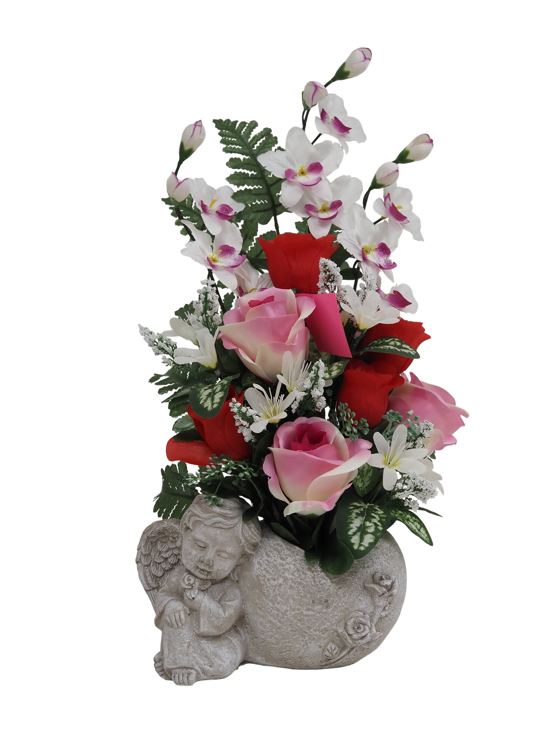 COMPOSITION DE ROSE, ORCHIDÉE EN POT CIMENT ANGE