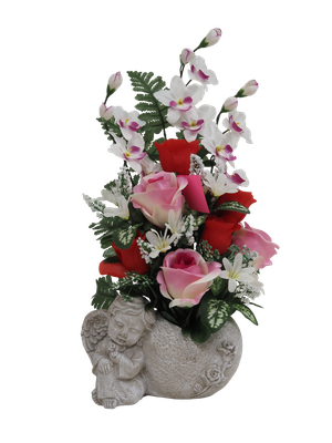 COMPOSITION DE ROSE, ORCHIDÉE EN POT CIMENT ANGE