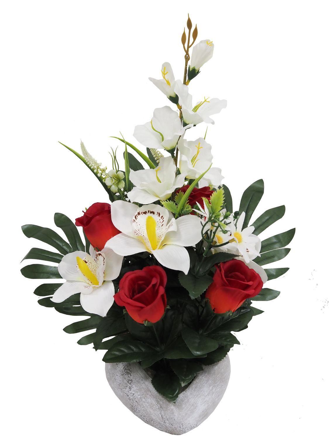 COMPOSITION DE ROSE, ORCHIDÉE EN POT CIMENT MAINS JOINTES