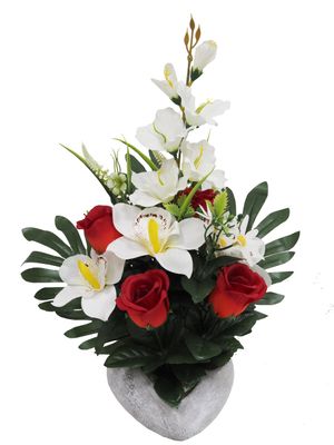 COMPOSITION DE ROSE, ORCHIDÉE EN POT CIMENT MAINS JOINTES