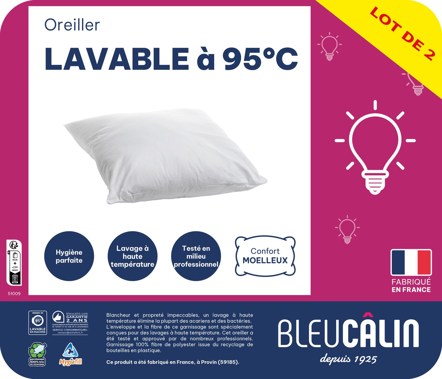 LOT DE 2 OREILLERS LAVABLES À 95°C