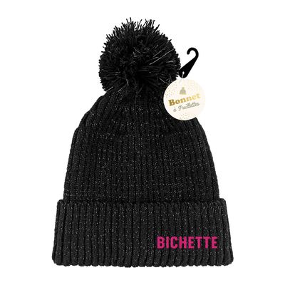 BONNET PAILLETTES POMPON BICHETTE NOIR
