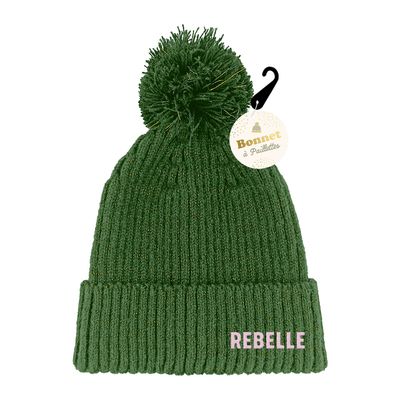 BONNET PAILLETTES POMPON REBELLE KAKI
