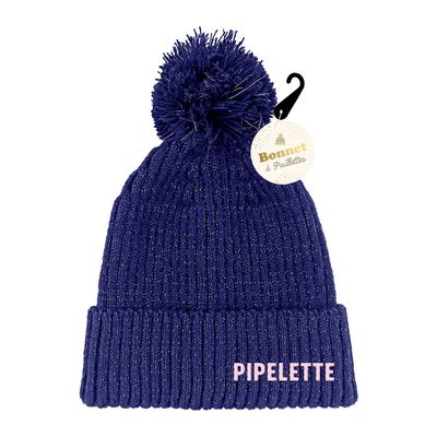 BONNET PAILLETTES POMPON PIPELETTE BLEU