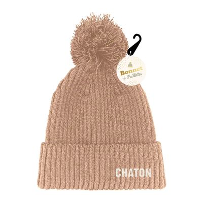 BONNET PAILLETTES POMPON CHATON MARRON