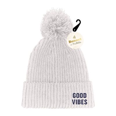 BONNET PAILLETTES POMPON GOOD VIBES GRIS