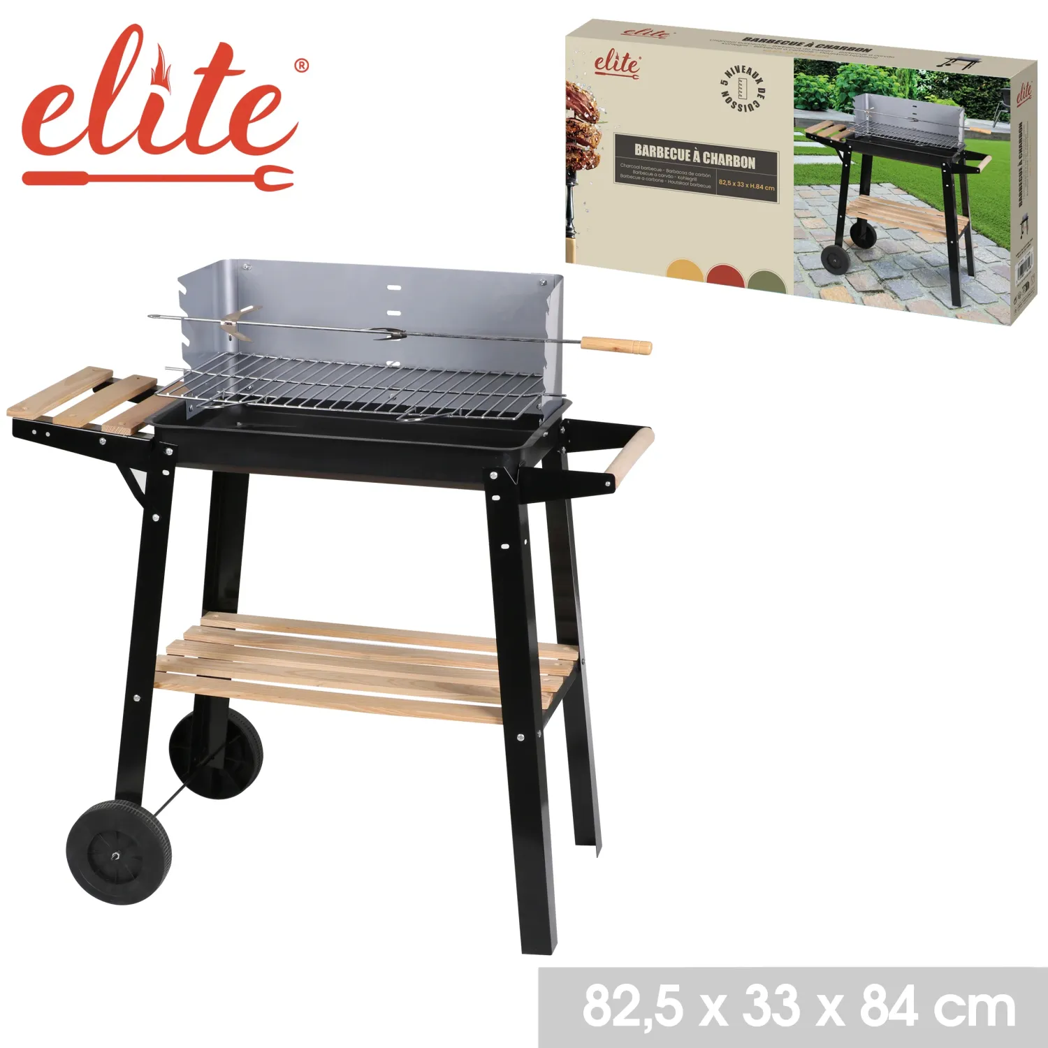 BARBECUE AVEC 2 ETAGERES BOIS 84X45X87CM