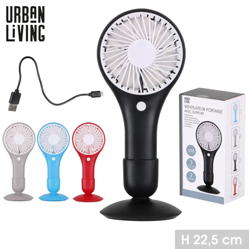 VENTILATEUR PORTABLE A/ SUPPORT H22.5CM USB ASS