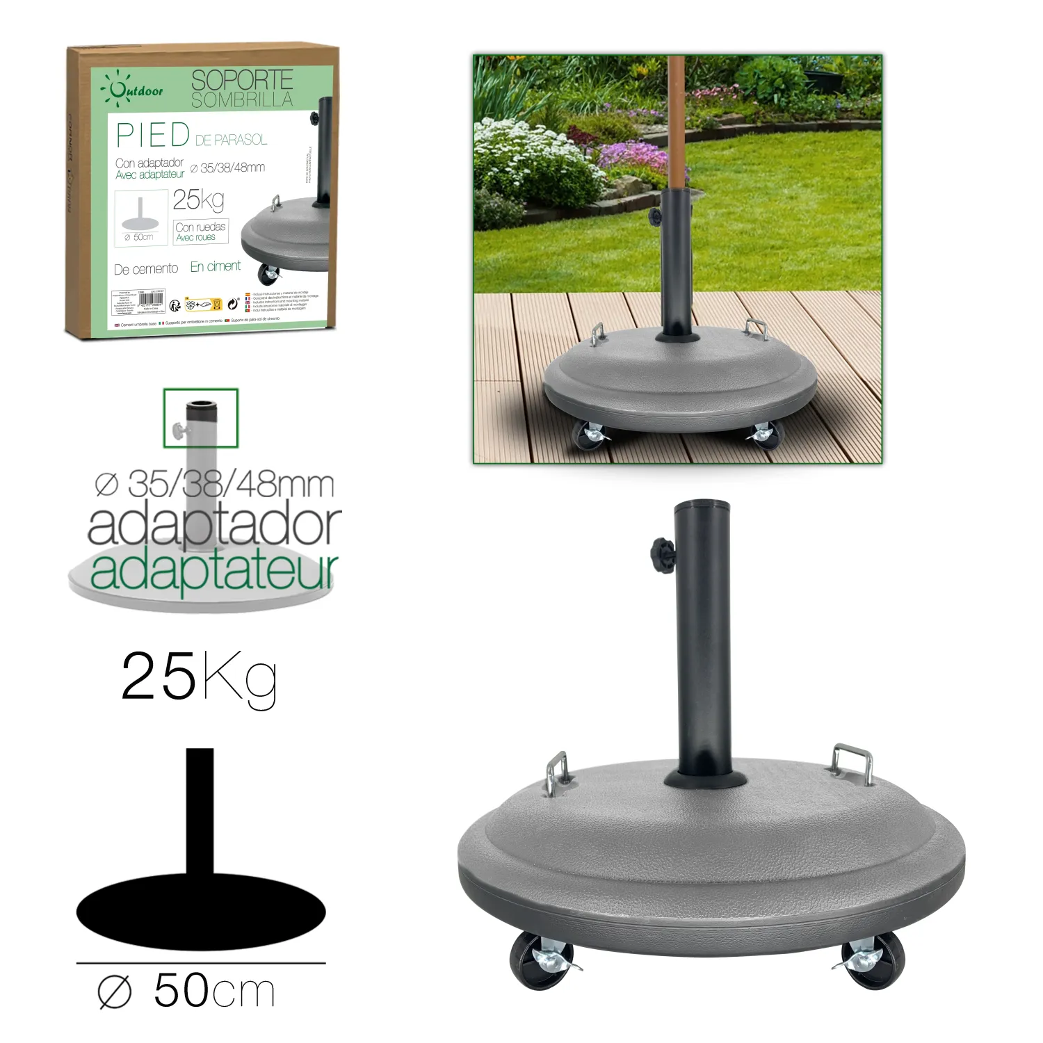 PIED PARASOL CIMENT 25KG GRIS A/ ROUE D50CM PIED PARASOL CIMENT 25KG GRIS A/ ROUE D50CM