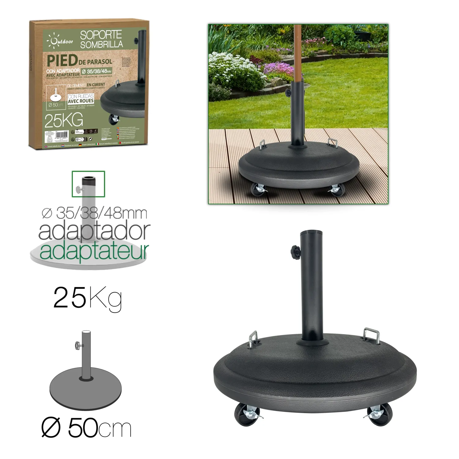 PIED PARASOL CIMENT 25KG NOIR A/ ROUE D50CM PIED PARASOL CIMENT 25KG NOIR A/ ROUE D50CM