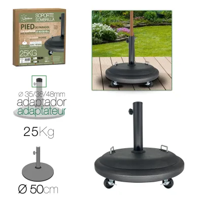 PIED PARASOL CIMENT 25KG NOIR A/ ROUE D50CM