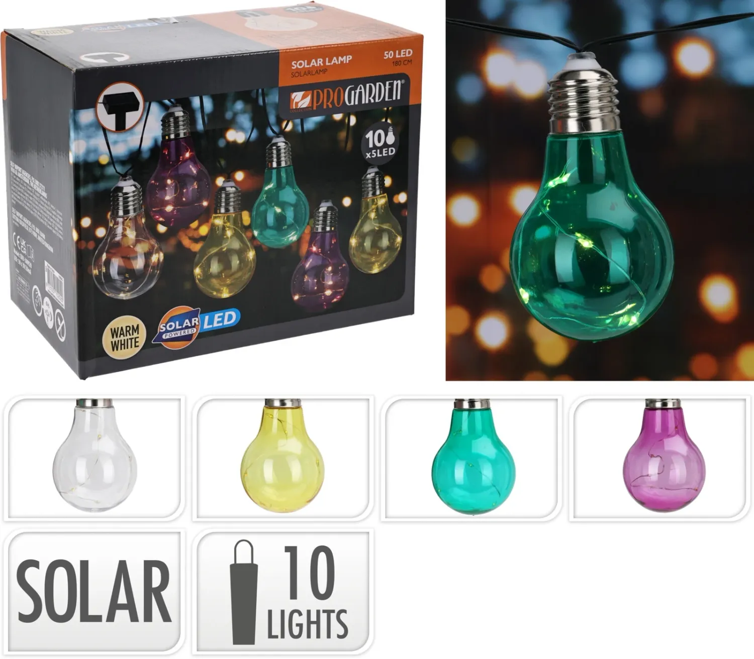 GUIRLANDE SOLAIRE 10X5LEDS 180CM MULTICOLORE