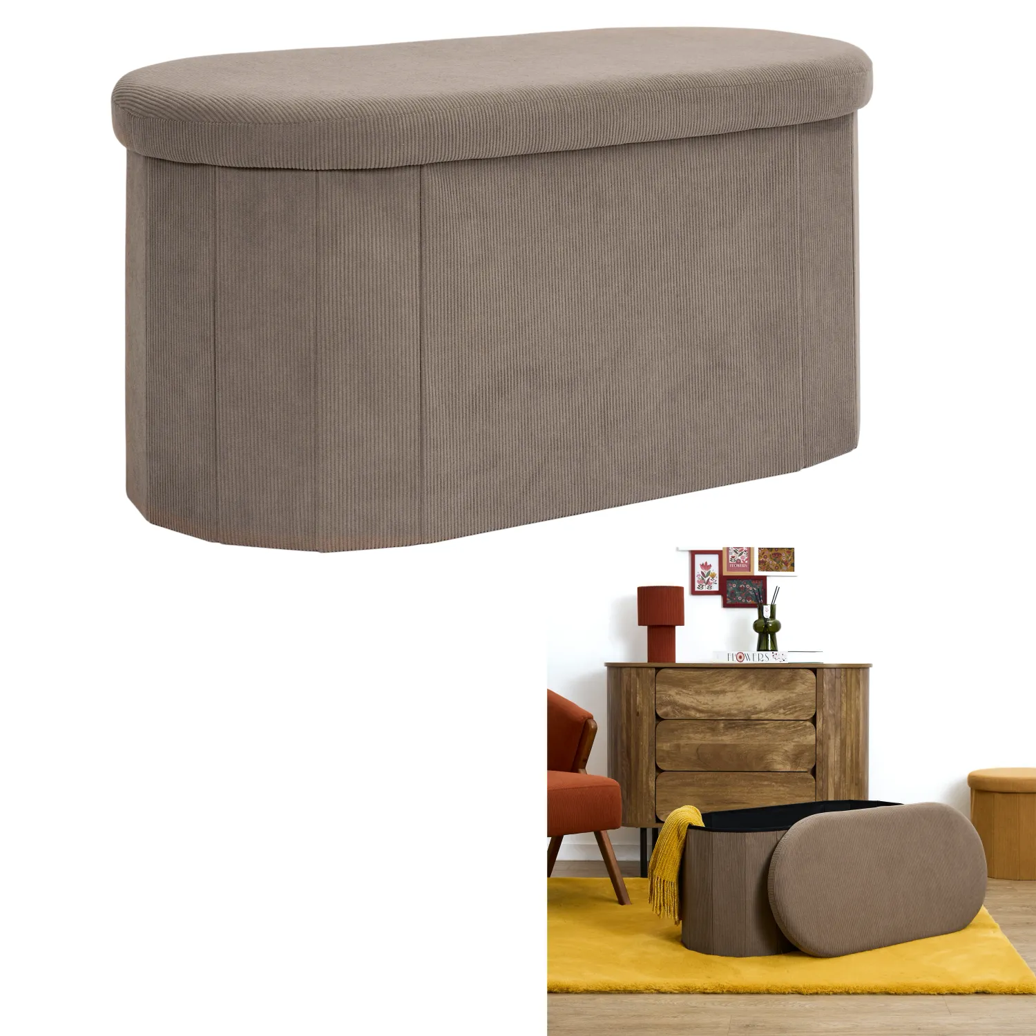 Coffre banc pliable cotelé taupe Coffre banc pliable cotelé taupe