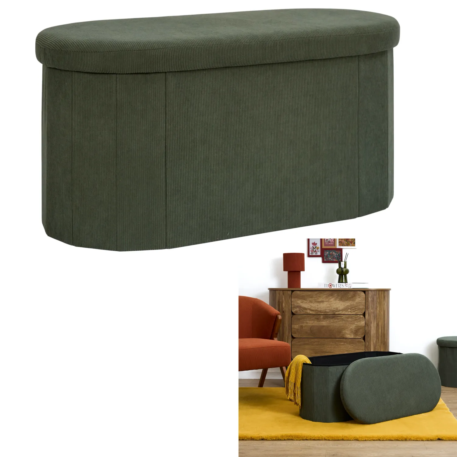 Coffre banc pliable cotelé vert Coffre banc pliable cotelé vert