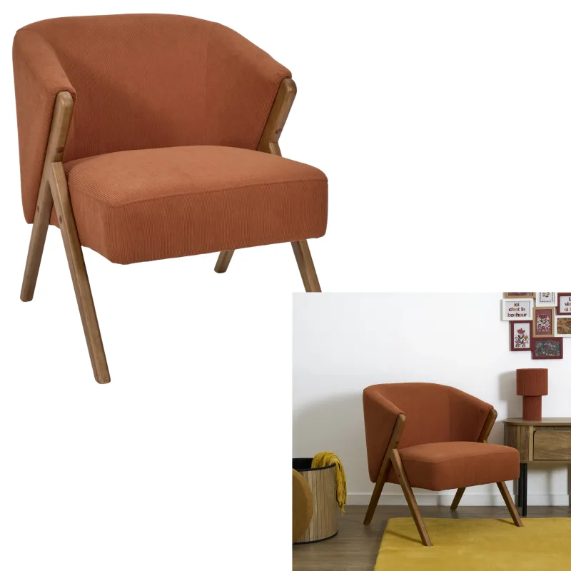 Fauteuil salon cotelé terracotta