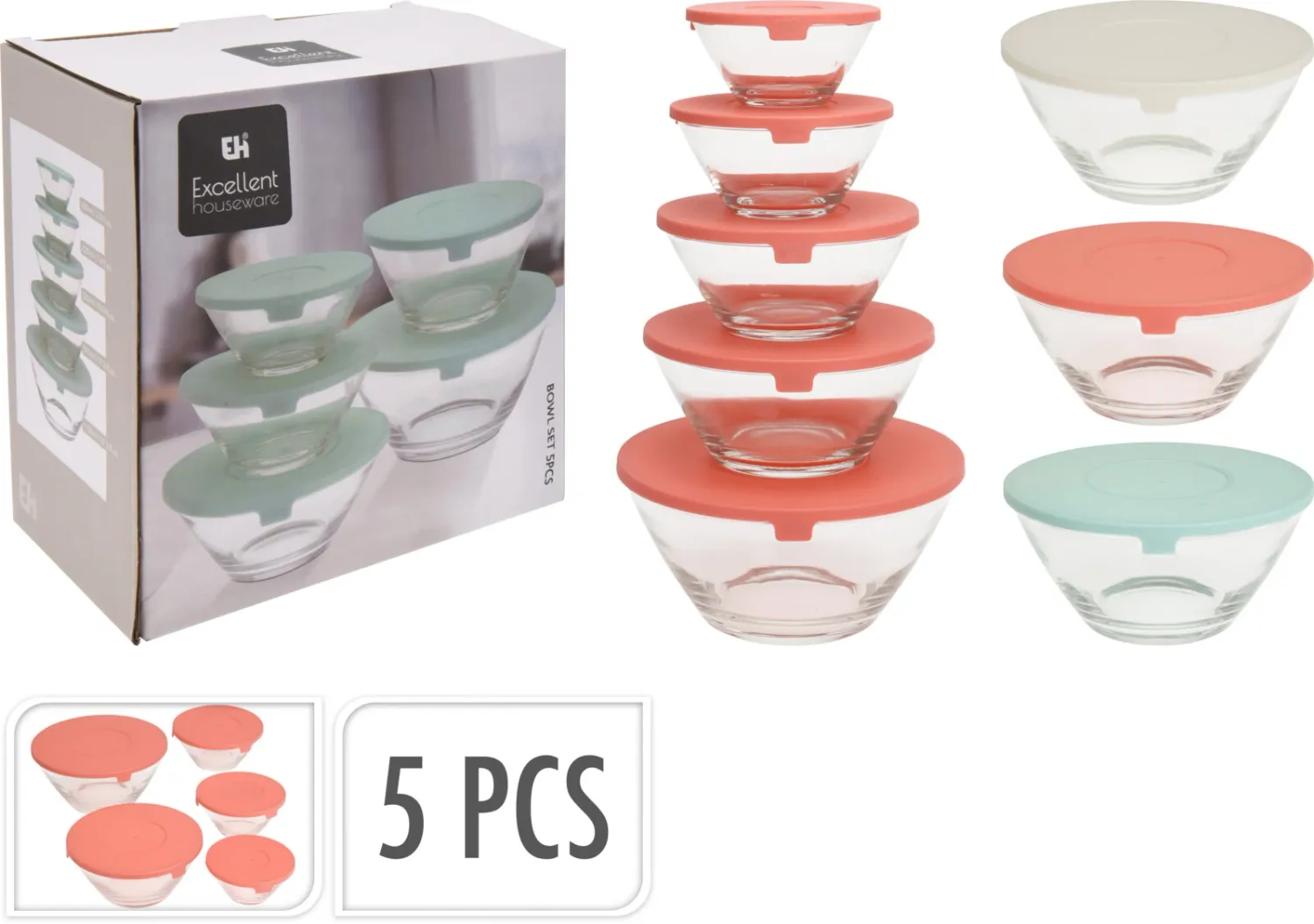 Ensemble de 5 bols en verre avec couvercles