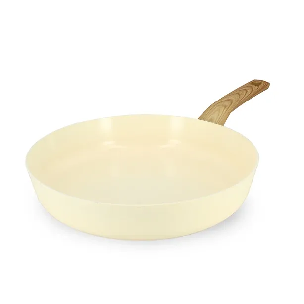 POÊLE  ALU 28CM CRÈME POIGNÉE EFFET BOIS