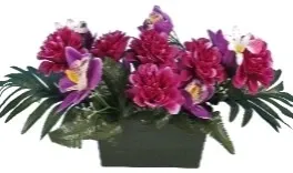 JARDINIÈRE GERBE ZINNIAS ET MINI ORCHIDÉES