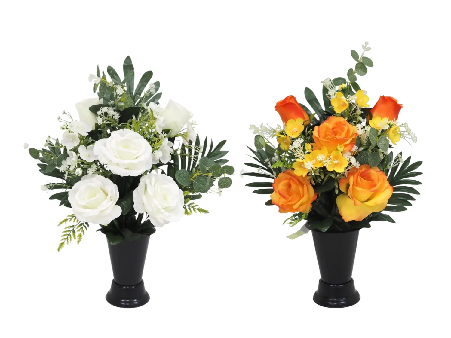 VASE CONE NOIR 3 ROSES, 2 BOUTONS DE ROSES ET PALME