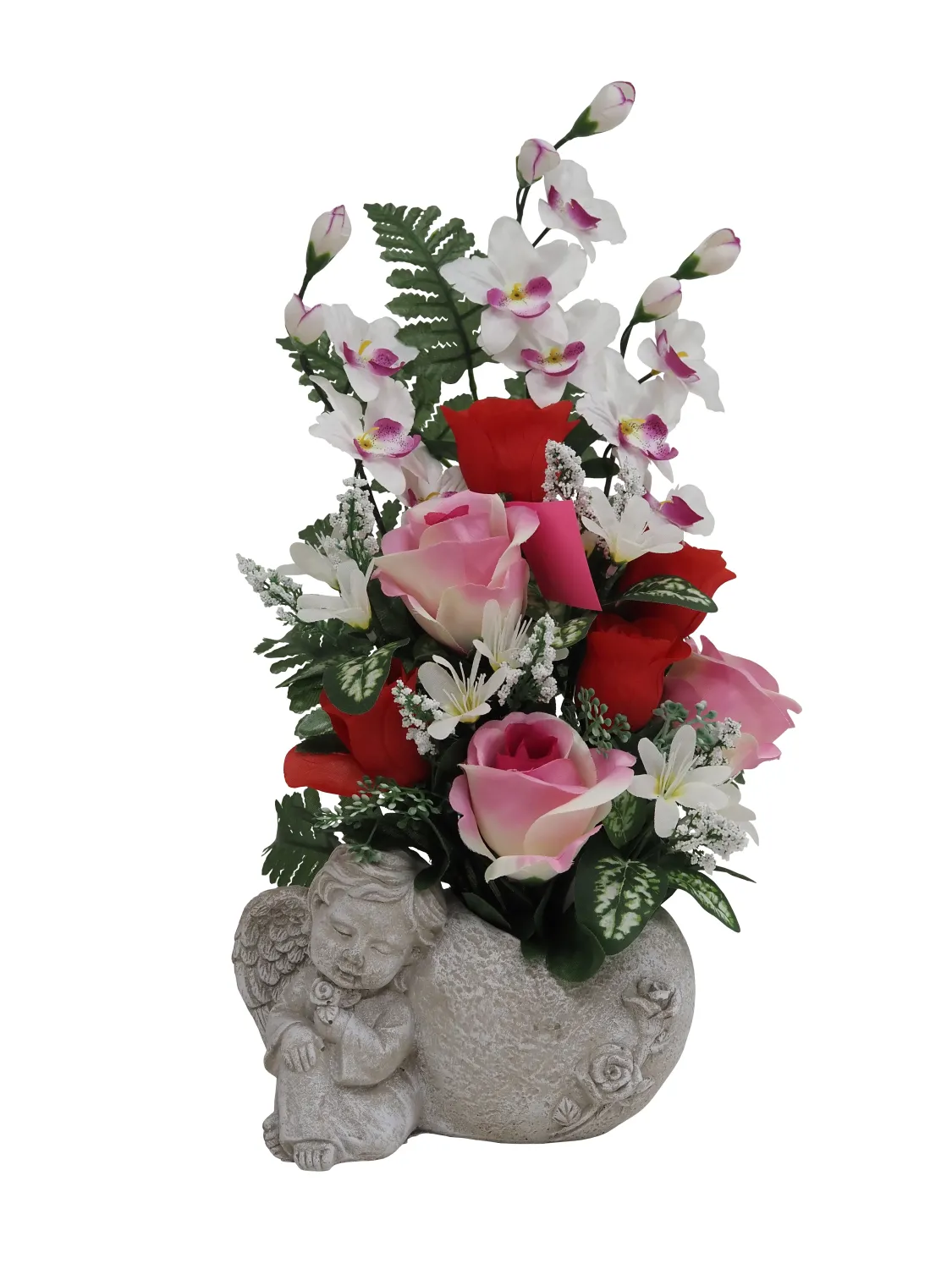 COMPOSITION ROSE,ORCHIDEES,FEUILLAGE.