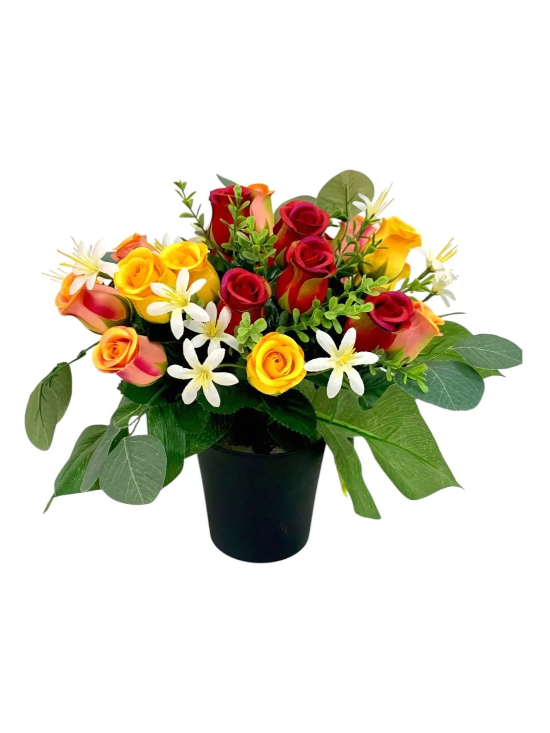 COMPOSITION DE 24 BOUTONS DE ROSES ET FEUILLAGE