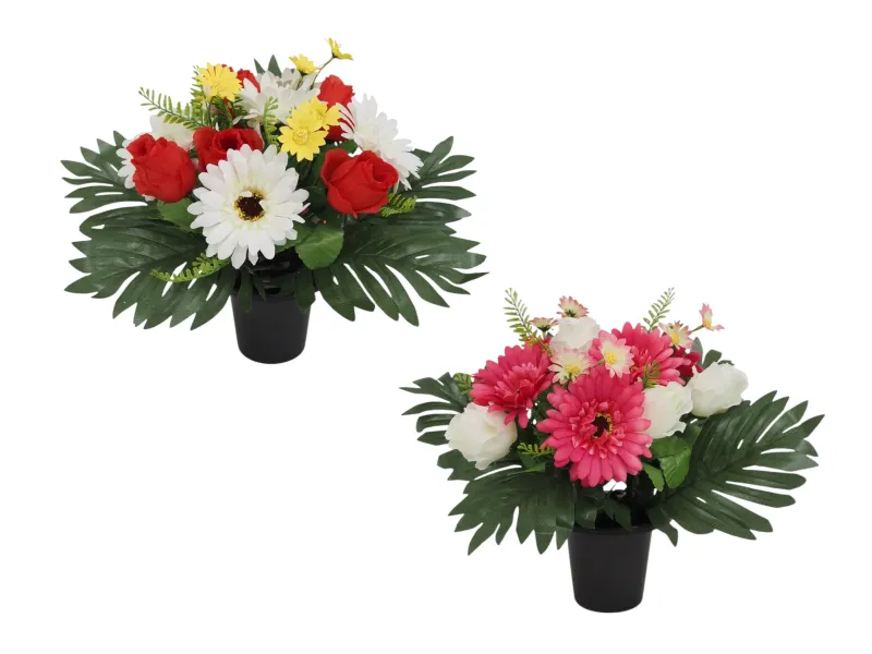 Cône avec gerberas, boutons de roses et palmes