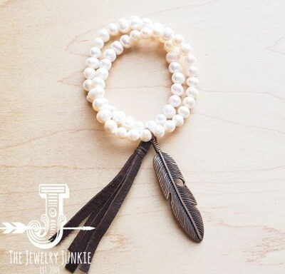Double Strand Pearl Bracelet With Feather