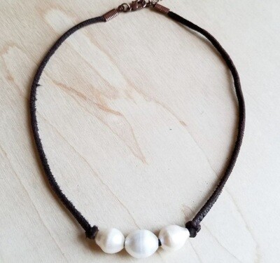 Triple Pearl Brown Leather Choker Necklace