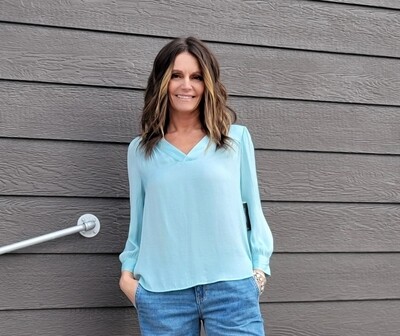 Liverpool Pastel Turquoise V Neck Popover Top