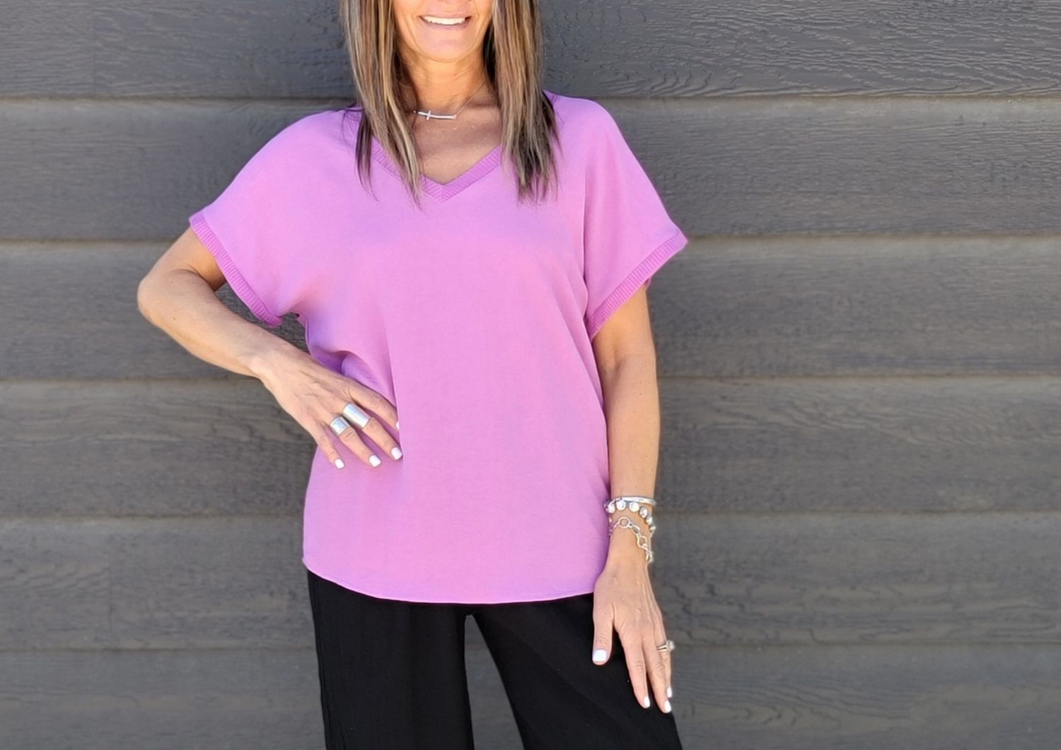 Ivy Jane  V Neck Rib Trim Lavendar