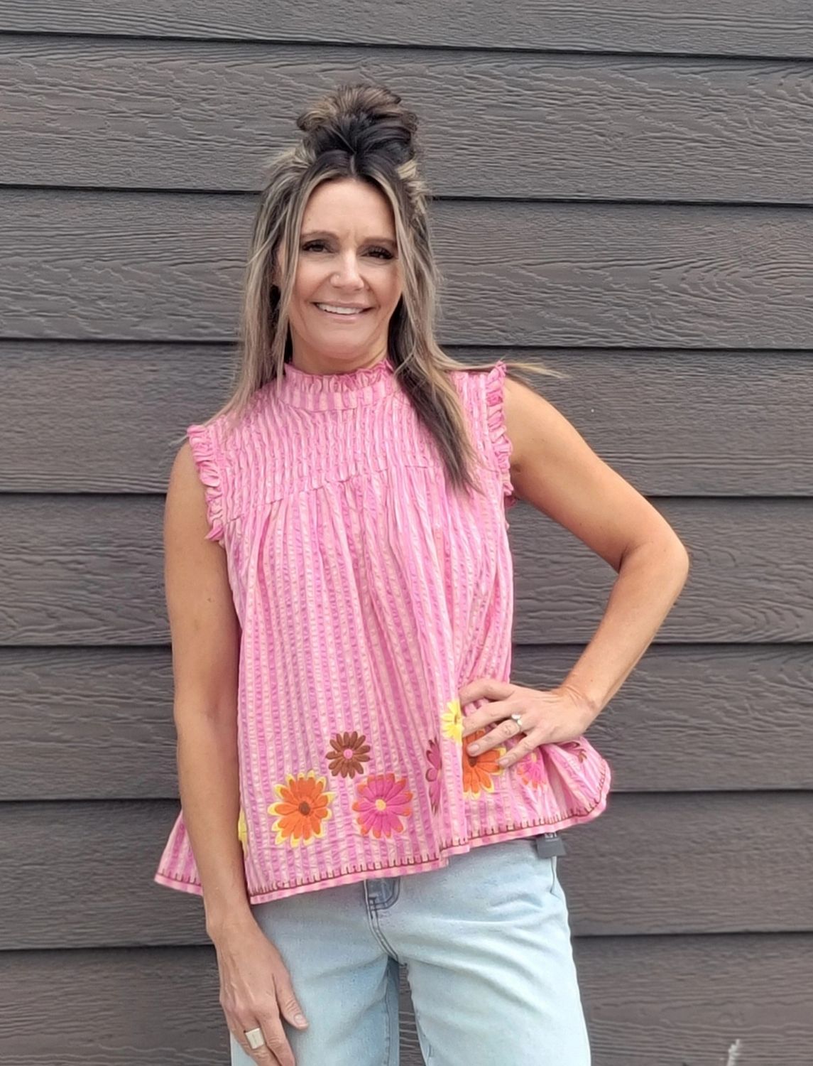 Ivy Jane Candy Striped Daisy Top Pink
