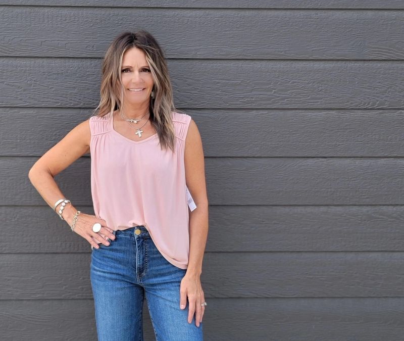 Liverpool Sleeveless Shirred Top Soft Pink