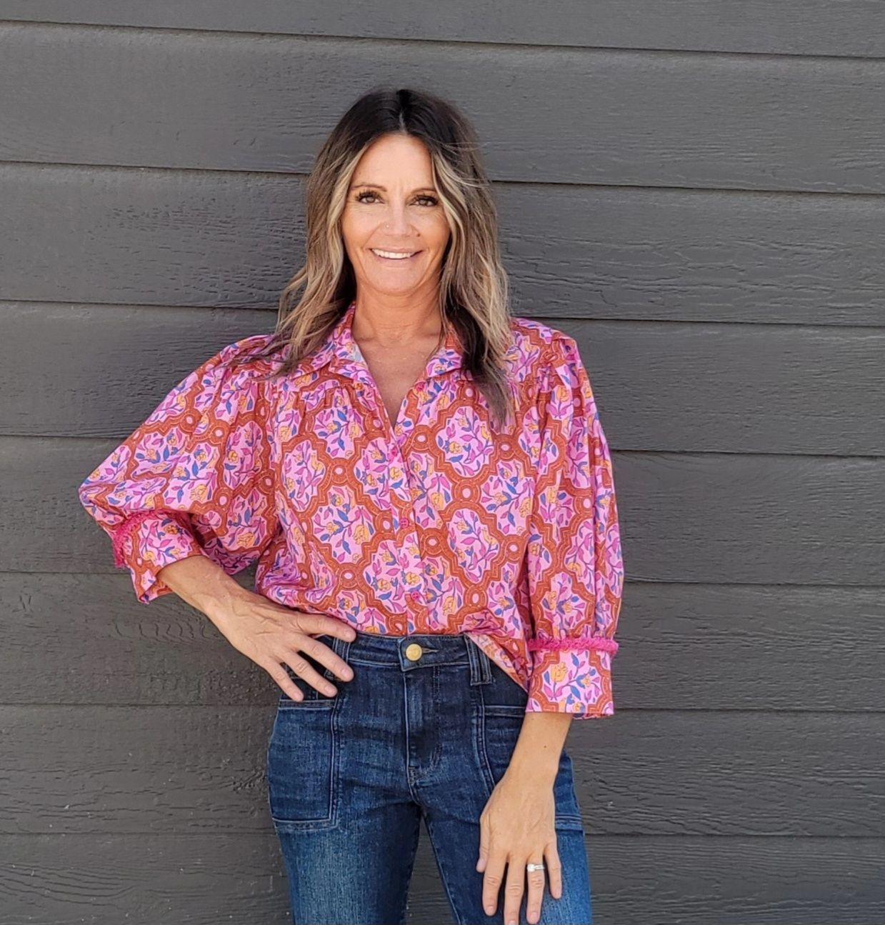 Tru Luxe Collaredpink Print Button Up
