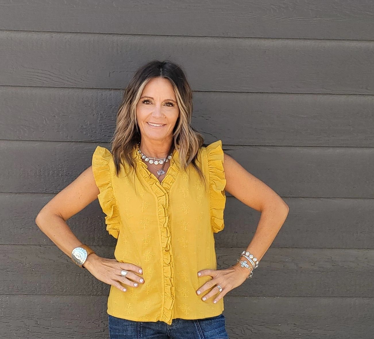 Ivy Jane Eyelet Ruffled Top Gold