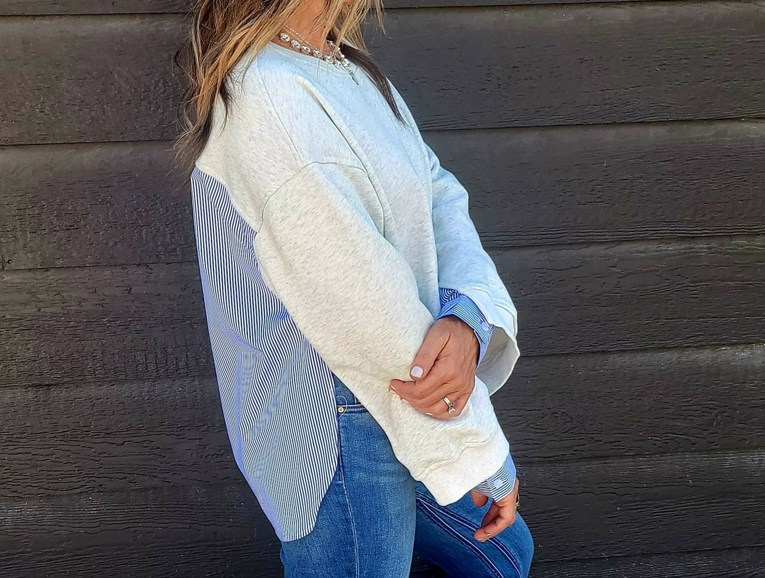 Elan L/s Mixed Media Top Heather Grey