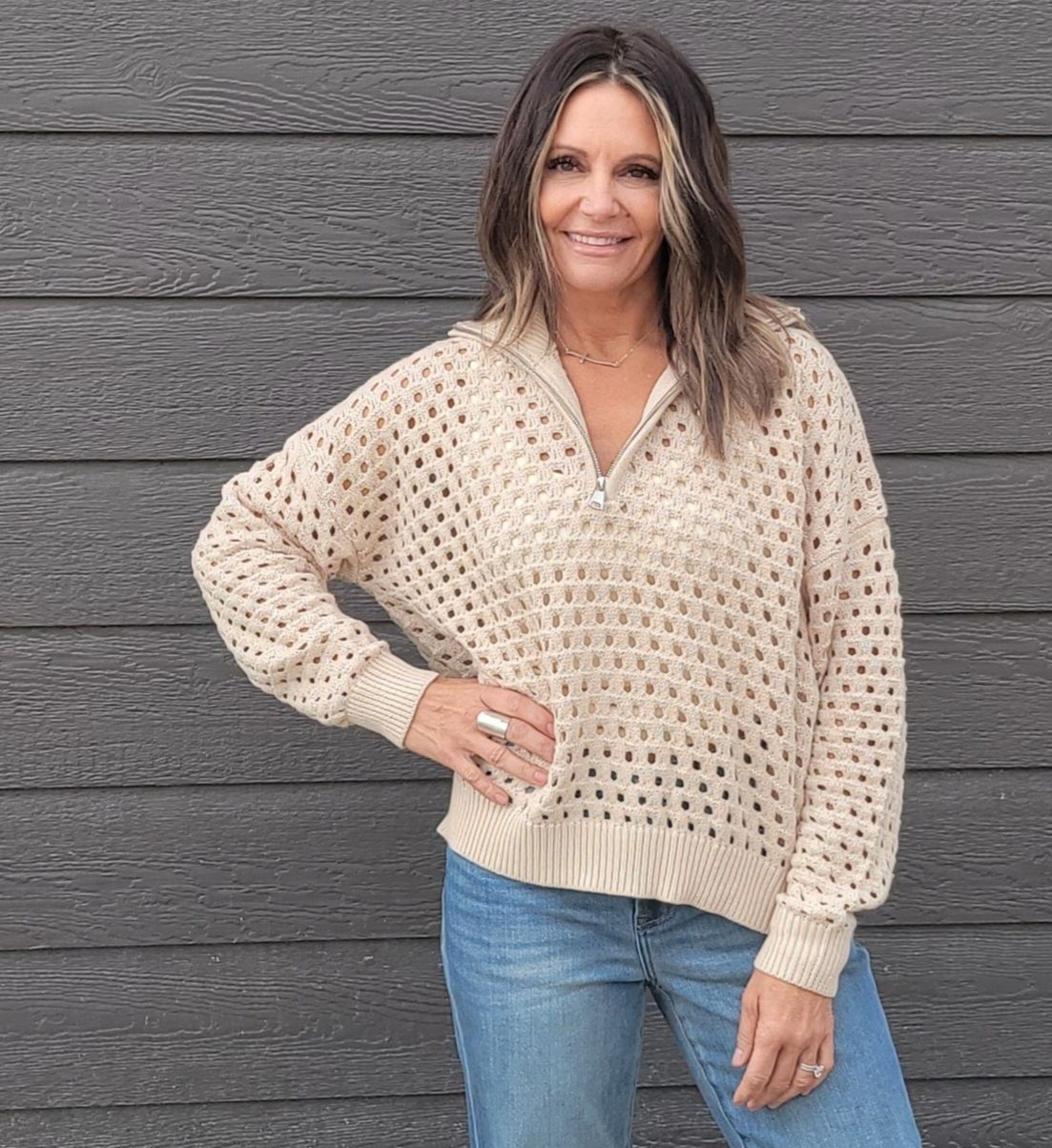 Elan Oatmeal Open Knit Half Zip Sweater