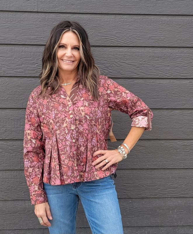 Tru Luxe Brown V Neck Button Down Swing Shirt