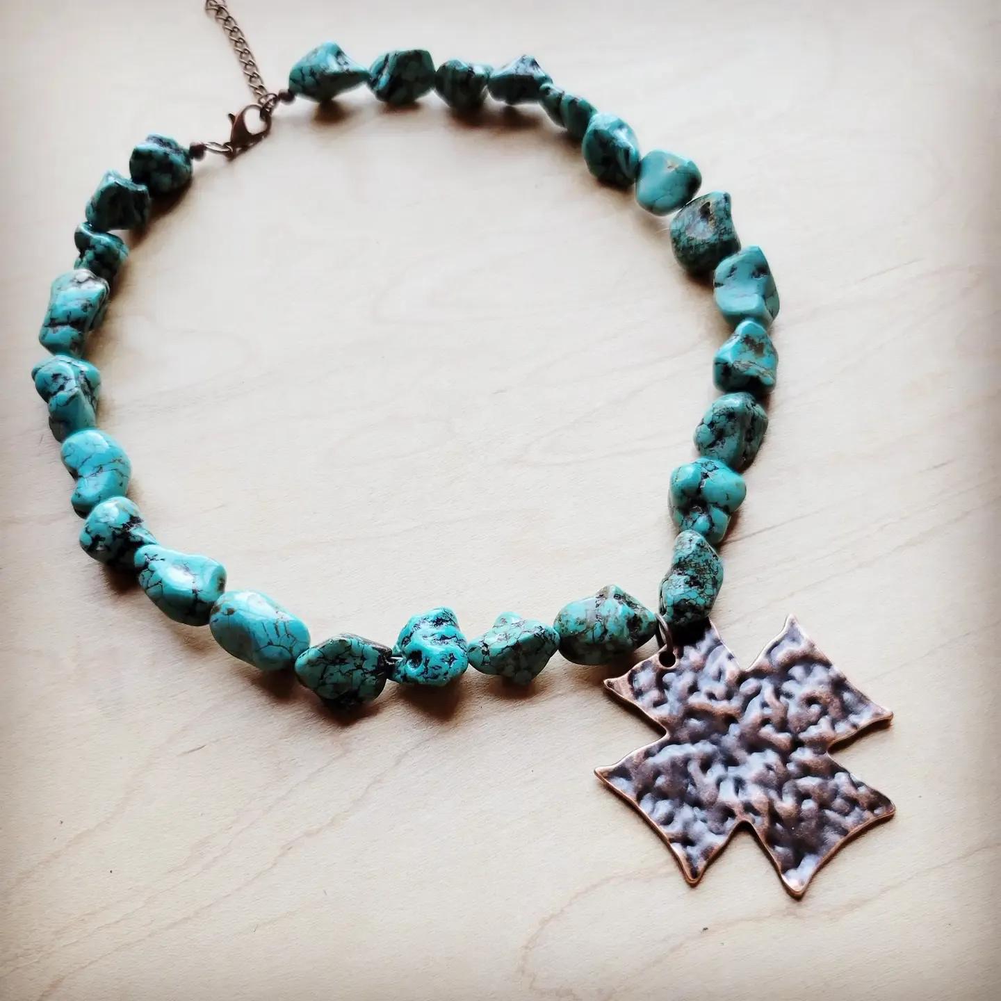 Chunky Blue Turquoise Collar Necklace W/ Cross Pendant