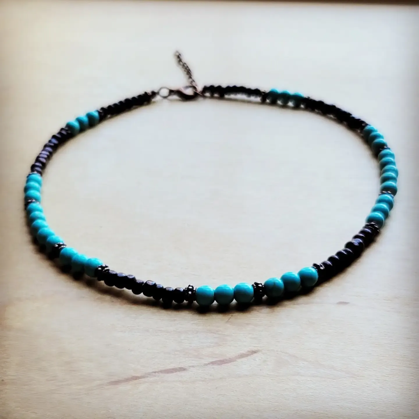 Blue Turquoise, Wood, And Copper Beads Collar Necklace
