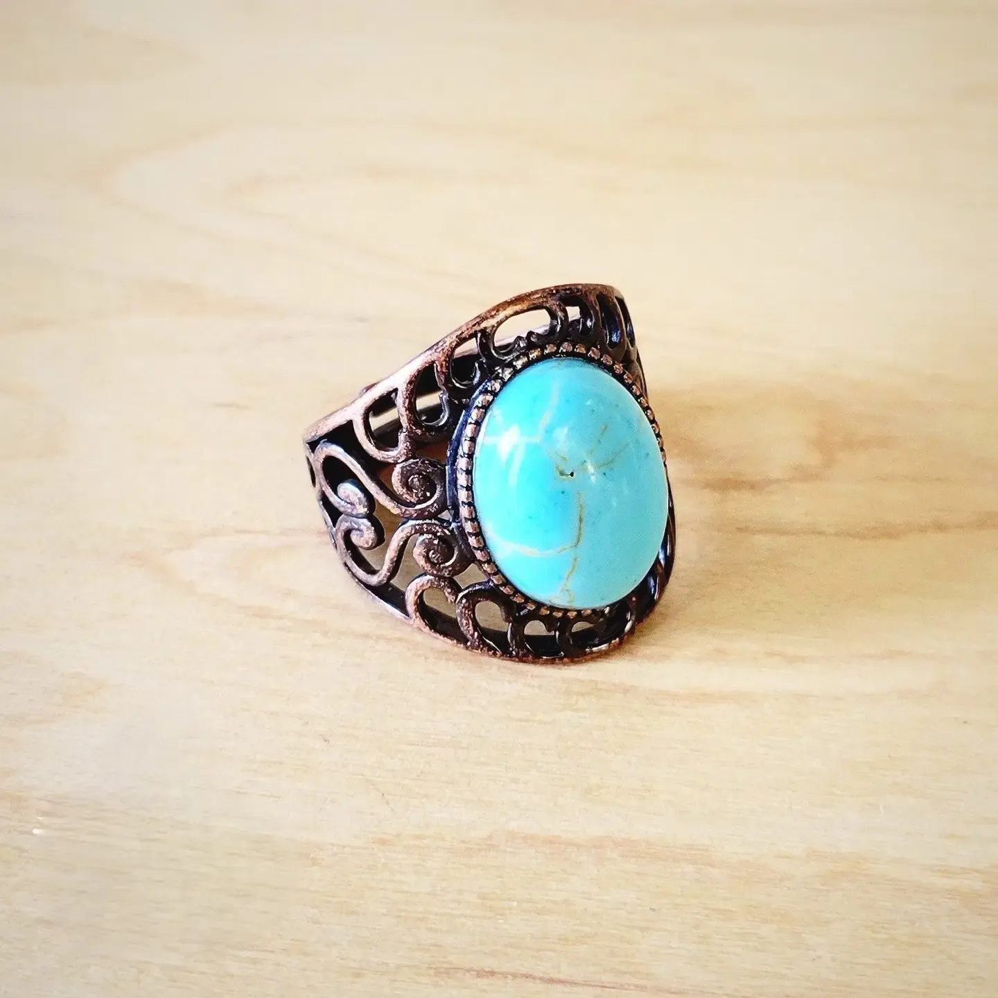 Blue Turquoise Ring In Antique Copper Filigree Setting