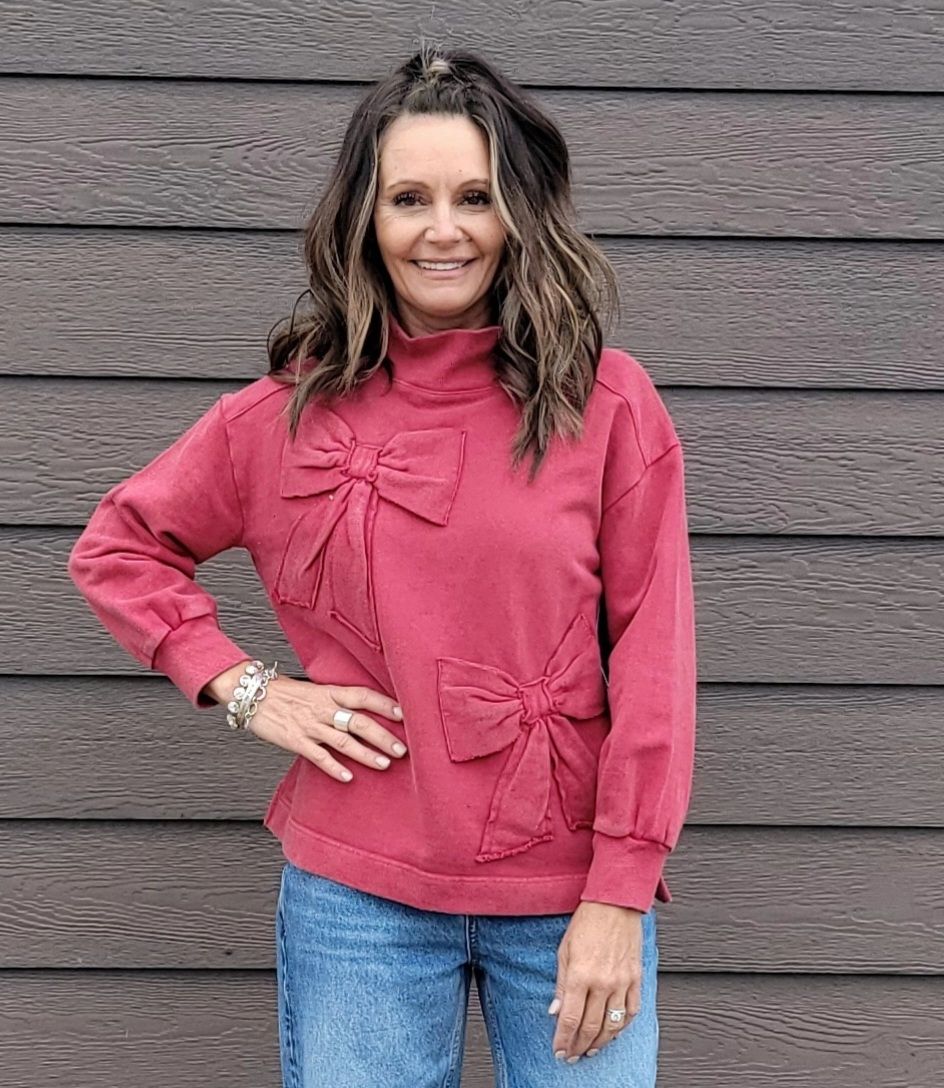 Tru Luxe Bow Mock Neck Top Red