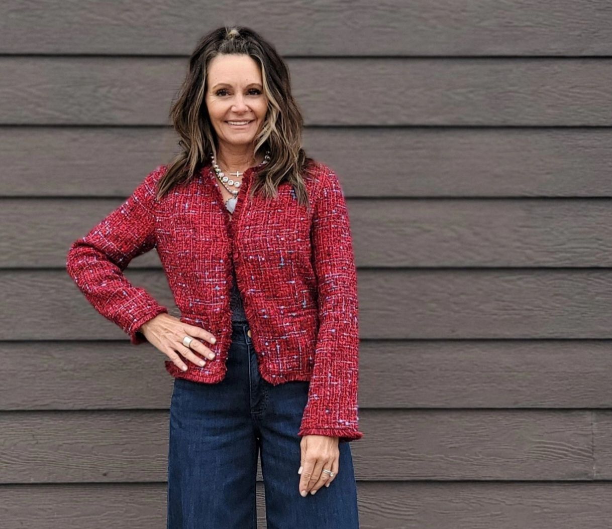 Liverpool Collarless Jacket With Frayed Edges Red Boucle Liverpool Collarless Jacket With Frayed Edges Red Boucle