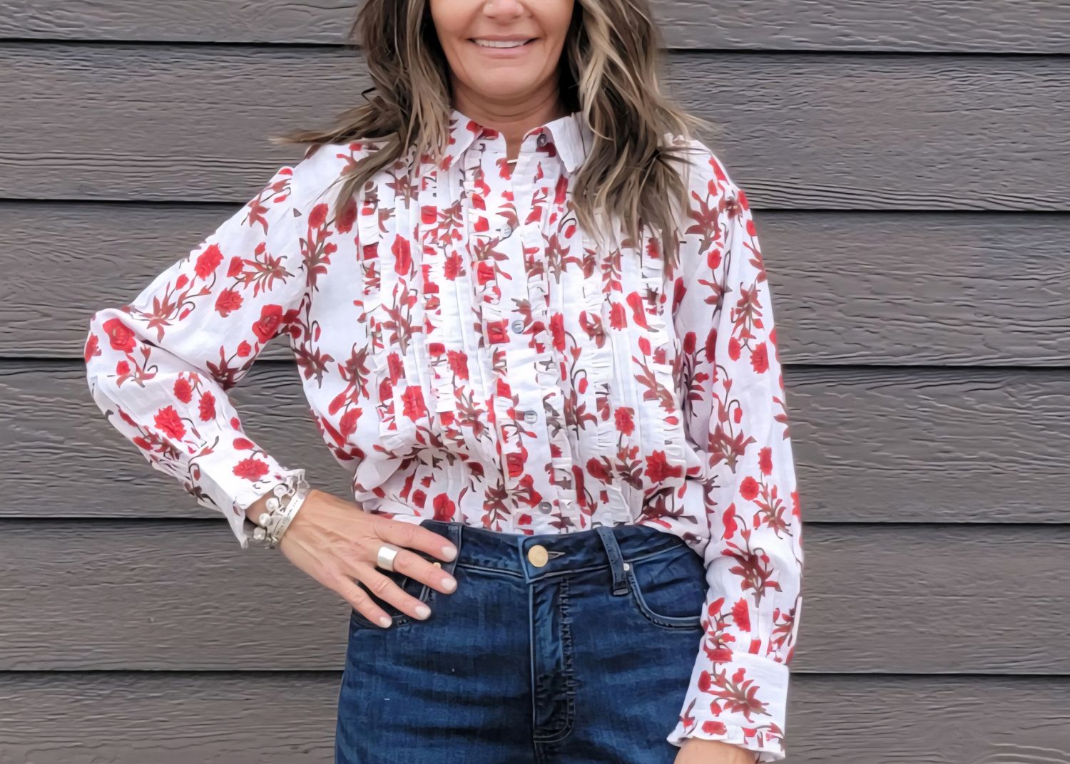 Ivy Jane Tuxedo Gauze Top Red Ivory Floral