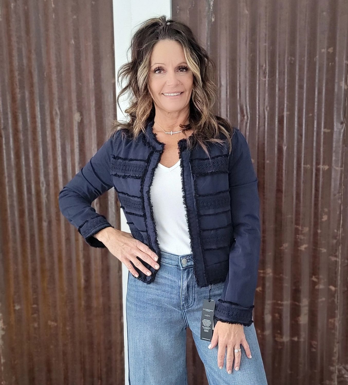 Liverpool Collarless Fray Edge Jacket W/ Velvet Trim Deep Midnight