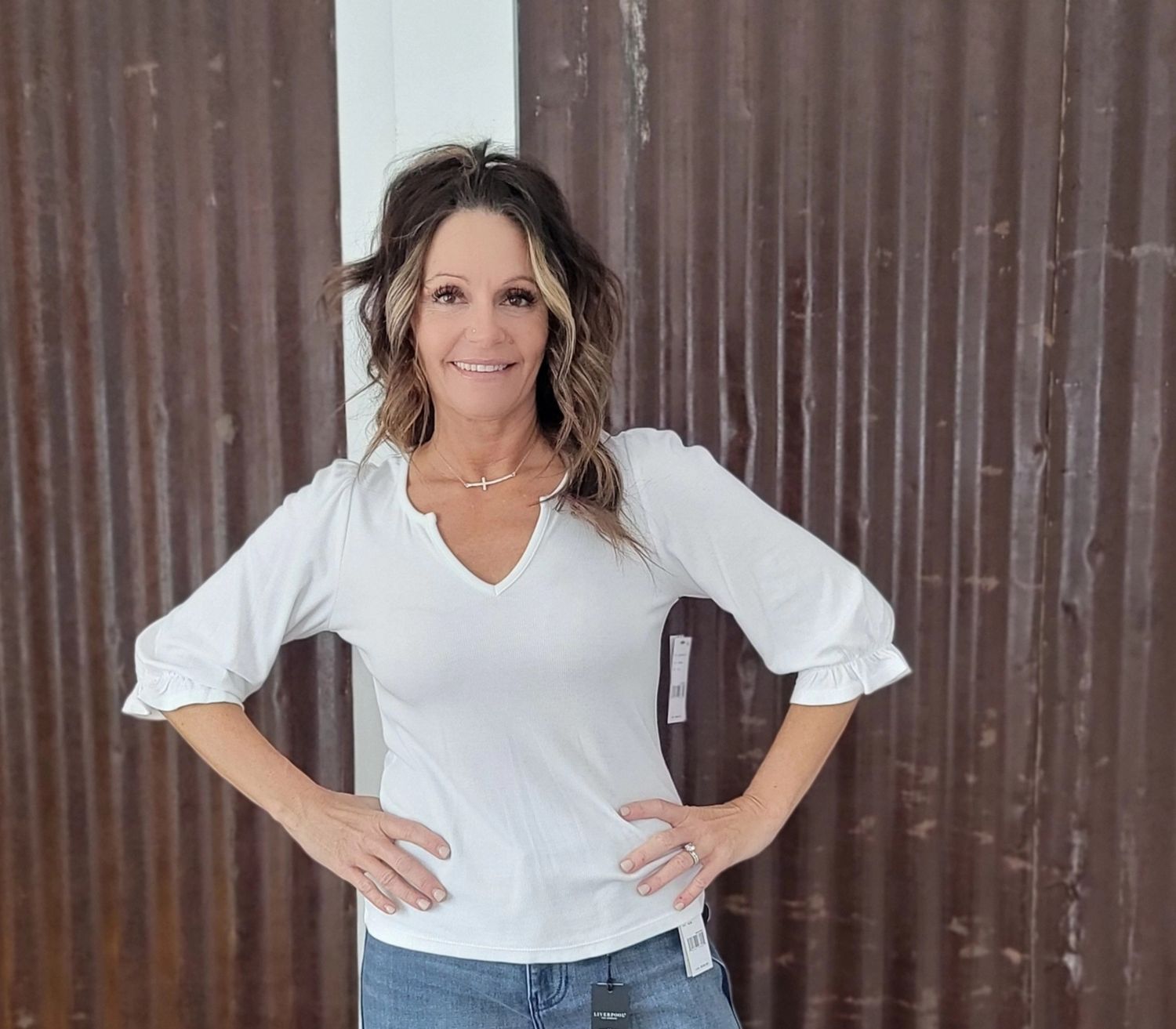 Liverpool Elbow Sleeve Notch Neck Cream Liverpool Elbow Sleeve Notch Neck Cream