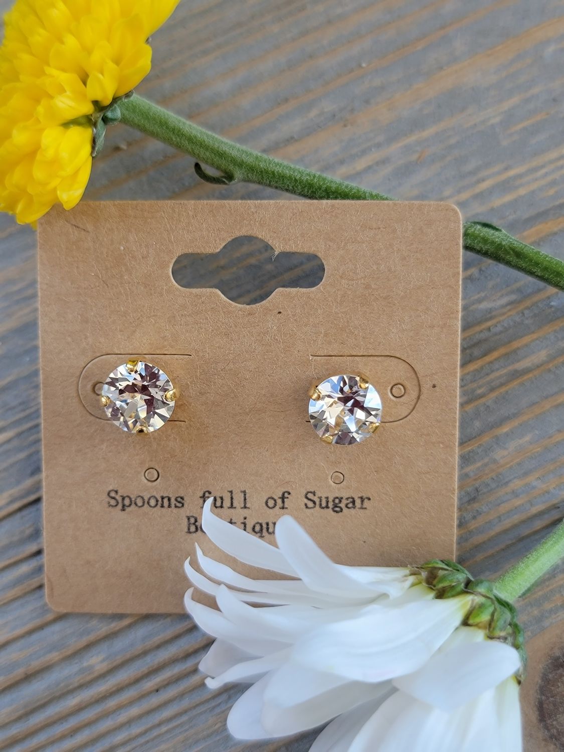 Gold 8mm Clear Crystal Stud Earrings